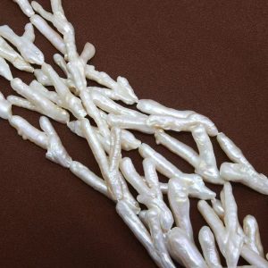 14 inches 7x30mm Natural White V Shaped Biwa Pearls Loose Strand