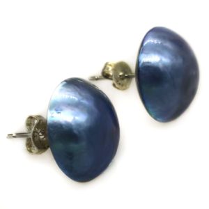 Wholesale 14-15mm Natural Blue Mabe Pearl Earring with 925 Silver Stud