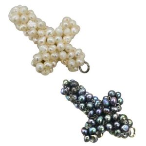 Wholesale 30x40mm Natural White and Black Pearl Braided Cross Charm Pendant