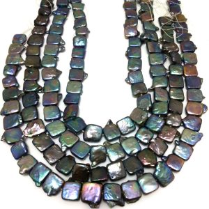 16 inches 11-14mm Black Natural Flat Square Pearls Loose Strand