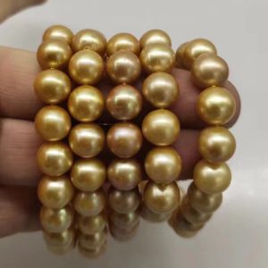 Wholesale 9-10mm Natural Golden Round South Sea Pearl Elastic Bracelet