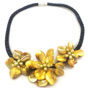 18 inches Natural Leather Cord Three Yellow Shell Flower Necklace