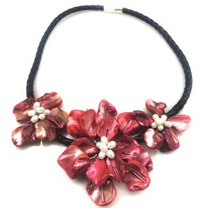 18 inches Natural Leather Cord Three Red Shell Flower Necklace
