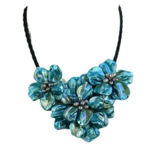 18 inches Natural Leather Cord Three Blue Shell Flower Necklace