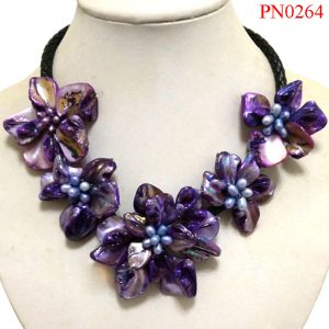 18 inches Natural Leather Cord Five Purple Shell Flower Necklace