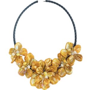 18 inches Natural Leather Cord Five Yellow Shell Flower Necklace