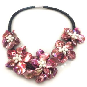 18 inches Natural Leather Cord Five Red Shell Flower Necklace
