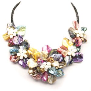 18 inches Natural Leather Cord Five Multicolor Shell Flower Necklace