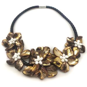 18 inches Natural Leather Cord Five Coffee Shell Flower Necklace