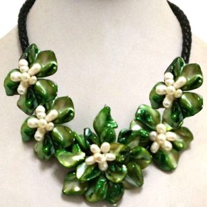 18 inches Natural Leather Cord Five Green Shell Flower Necklace