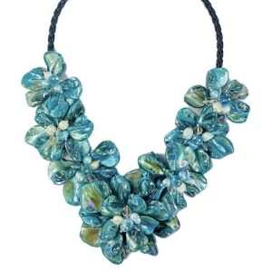 18 inches Natural Leather Cord Seven Blue Shell Flower Necklace
