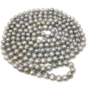 8-9mm Long Chain Potato Shaped Silver Gray Natural Pearl Necklace