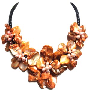 18 inches Natural Leather Cord Five Orange Shell Flower Necklace