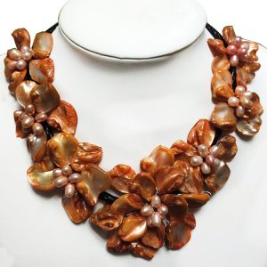 18 inches Natural Leather Cord Seven Orange Shell Flower Necklace