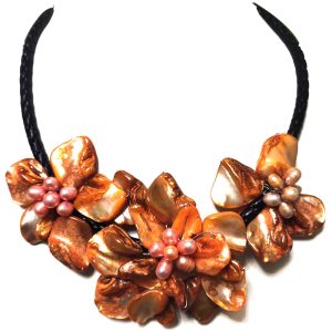 18 inches Natural Leather Cord Three Orange Shell Flower Necklace