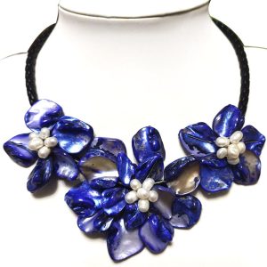 18 inches Natural Leather Cord Three Dark Blue Shell Flower Necklace