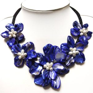 18 inches Natural Leather Cord Five Dark Blue Shell Flower Necklace
