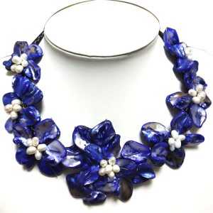 18 inches Natural Leather Cord Seven Dark Blue Shell Flower Necklace