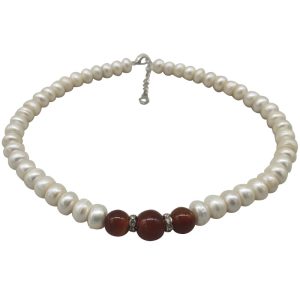 16-18 inches Natural White Button Pearl & Round Red Agate Beaded Necklace