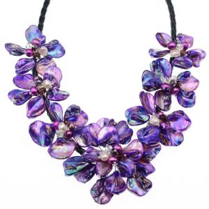 18 inches Natural Leather Cord Seven Purple Shell Flower Necklace