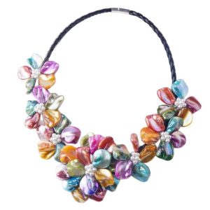 18 inches Natural Leather Cord Seven Multicolor Shell Flower Necklace