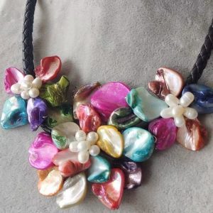 18 inches Natural Leather Cord Three Multicolor Shell Flower Necklace