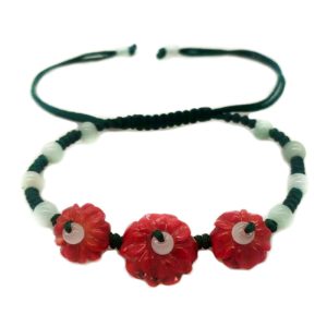 7-8 inches 4x14mm Red Flower Natural Carved Coral and Jade Drawstring Bracelet