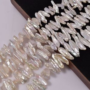16 inches 18-20mm Natural White Center Drilled Flat Biwa Pearls Loose Strand