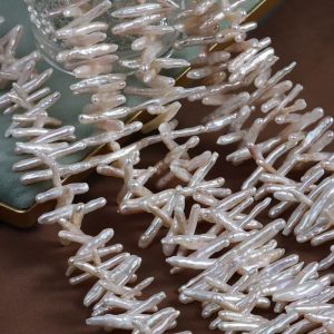 16 inches 5-30mm White Center Drilled Stick Shaped Biwa Pearls Loose Strand