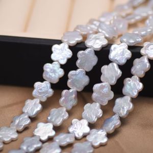 16 inches 12-13mm White Flat Flower Shaped Coin Pearls Loose Strand