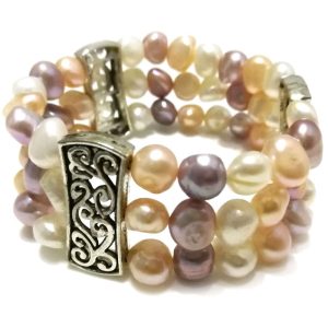 7.5 inches 3 rows 8-9mm White & Pink & Black Nugget Pearl Bracelet