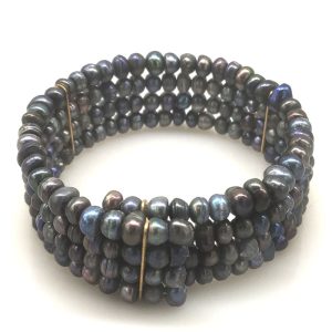 7 inches 4 Rows Memory Wire Black Natural 4-5mm Button Pearl Bangle