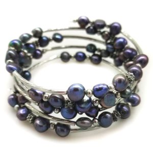 33 inches 7-8mm Black Natural Baroque Pearl Memory Wire Wrap Bracelet