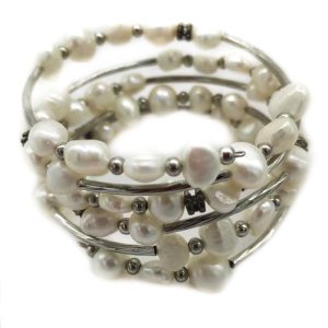 33 inches 7-8mm Natural White Baroque Pearl Memory Wire Wrap Bracelet