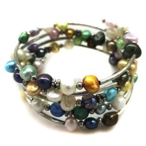 33 inches 7-8mm Rainbow Natural Baroque Pearl Memory Wire Wrap Bracelet