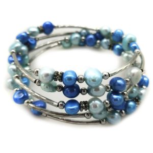 33 inches 7-8mm Blue Natural Baroque Pearl Memory Wire Wrap Bracelet