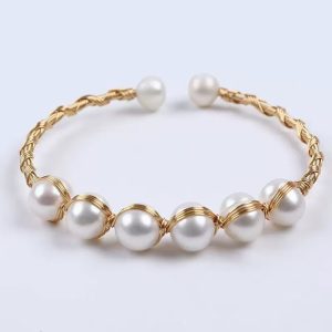 Natural White Pearl Braided Yellow Gold Filled Wire Wrap Cuff Bracelet