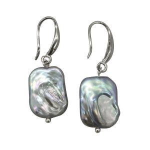 Wholesale 11x16mm Silver Gray Natural Rectangular Baroque Pearl Earring with 925 Silver Hook