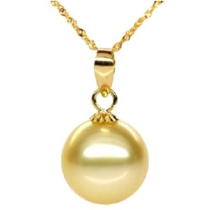 16-18 inches Adjustable 18K Solid Gold AAA Golden Round South Sea Pearl Pendant Necklace