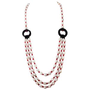 26-30 inches Three Row Natural White Pearl and Red Coral Necklace