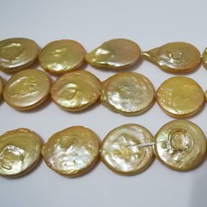 16 inches 15-16mm Natural Center-Drilled Yellow Gold Coin Pearls Loose Strand