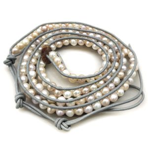27 inches 6-7mm Multicolor Pearls Silver Gray Leather Friendship Bracelet