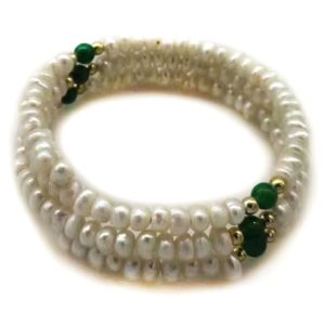 18 inches 4-5mm Natural White Pearl and Green Jade Memory Wire Bracelet
