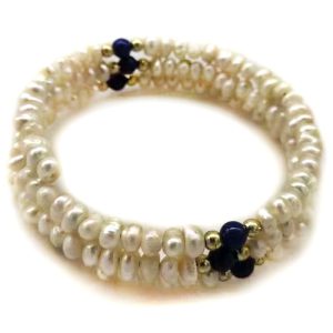 18 inches 4-5mm Natural White Pearl and Blue Jade Memory Wire Bracelet