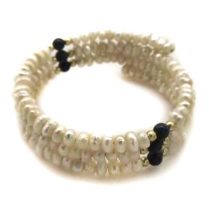 18 inches 4-5mm Natural White Pearl and Black Jade Memory Wire Bracelet