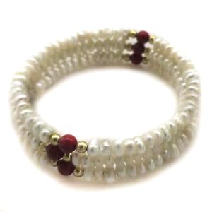 18 inches 4-5mm Natural White Pearl and Red Jade Memory Wire Bracelet