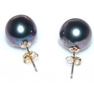 AAA Natural Black Genuine Tahitian Pearl 14K Gold Stud Earring