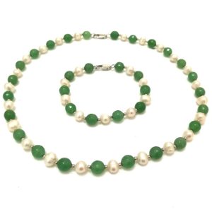 17 inches Natural White Pearl & Green Agate Necklace Jewelry Set