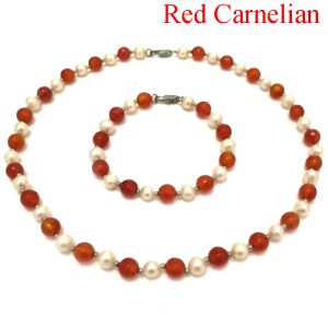 17 inches Natural White Pearl & Red Carnelian Necklace Jewelry Set