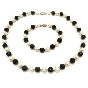 17 inches Natural White Pearl & Black Onyx Necklace Jewelry Set